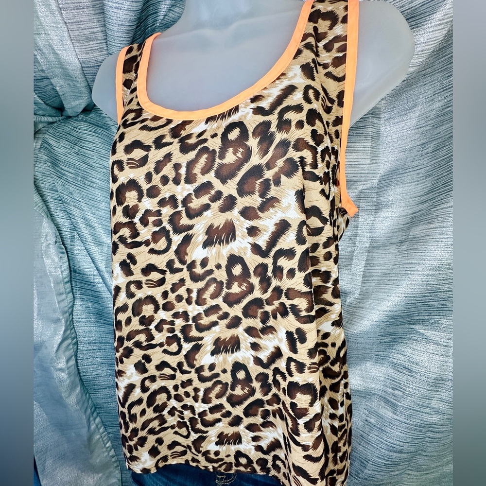 Zenana Styles Sheer Leopard Print Blouse Neon Orange Flowy Tank Shirt ~ Medium